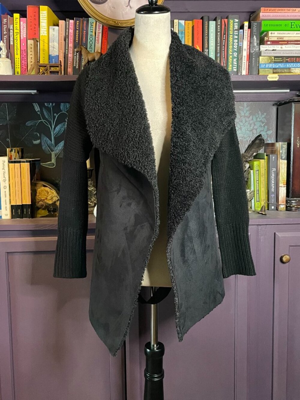 Black faux suede jacket with knit sleeves and back
